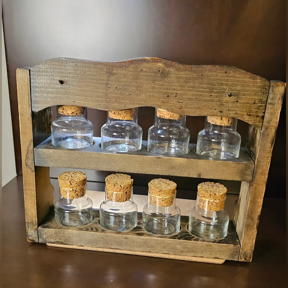 □●Vintage●□ 70's [Wooden Spice Rack] (8) Apothecary Glass Jars w/cork St…